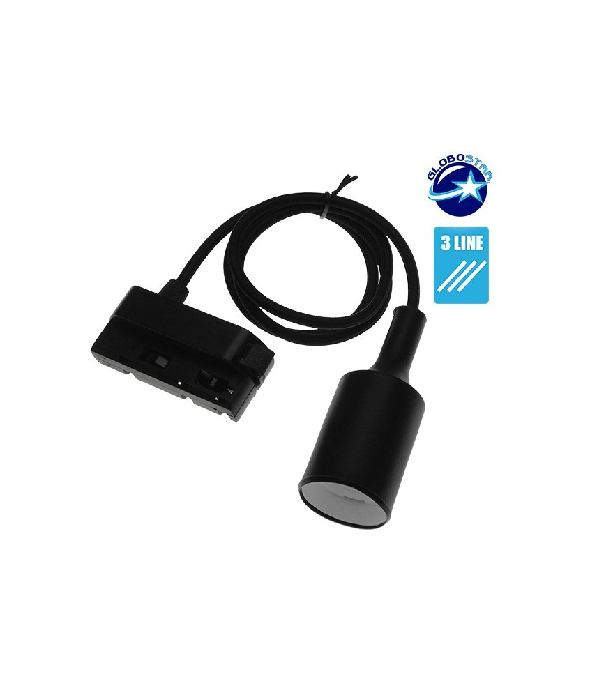 GloboStar S-40056 Διφασικός Connector 3 Καλωδίων με 1 Μέτρο Υφασμάτινο Καλώδιο και Ντουί E27 για Μαύρη Ράγα Οροφής